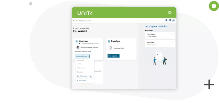 Schermafbeelding van het plannen en aanvragen van verlof in Unit4 HCM